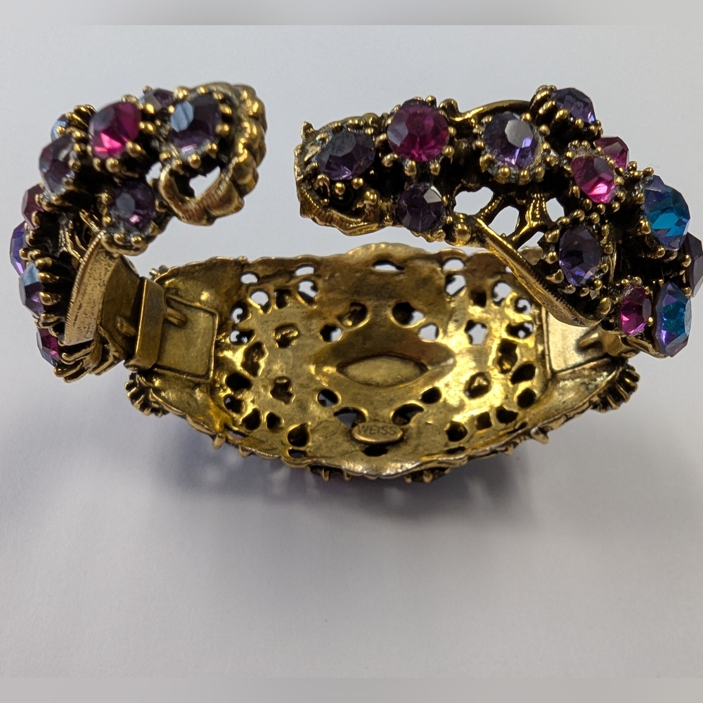 EVC SIGNED WEISS GOLD TONE CRYSTAL RHINESTONES & FX PEARLS HINGE BRACELET & EARR - Picture 5 of 14